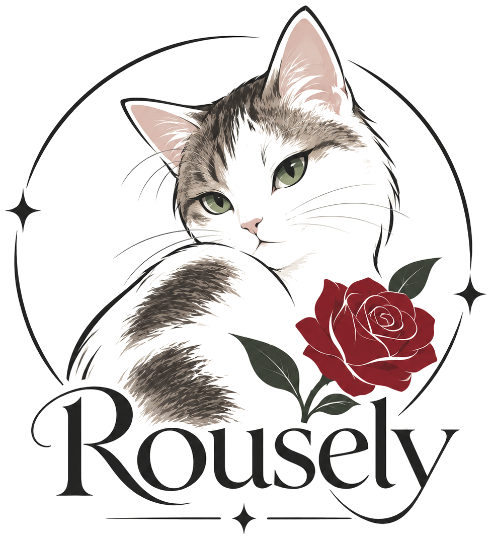Logo de Rousely: un gato de ojos verdes junto a una rosa roja